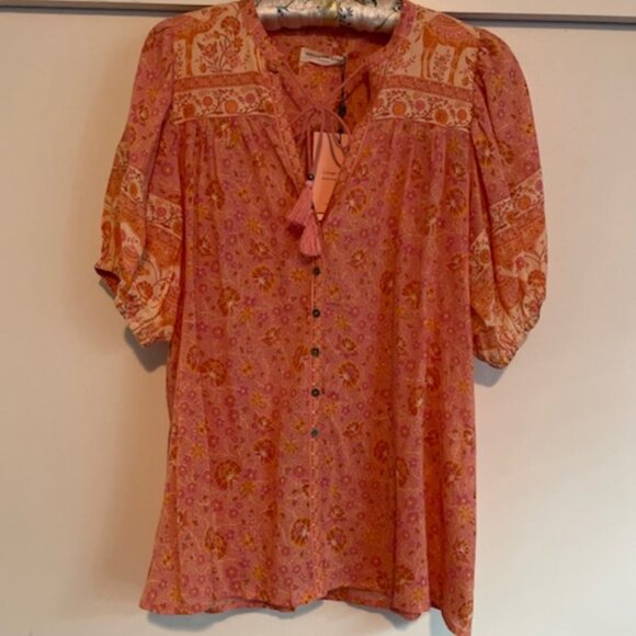 Spell Sundown Short Sleeve Blouse Apricot Floral Medium Orange Pink NWT $149 - Picture 11 of 15